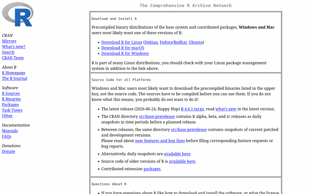CRAN home page with the Download and Install R box showing links for Linux, macOS and Windows