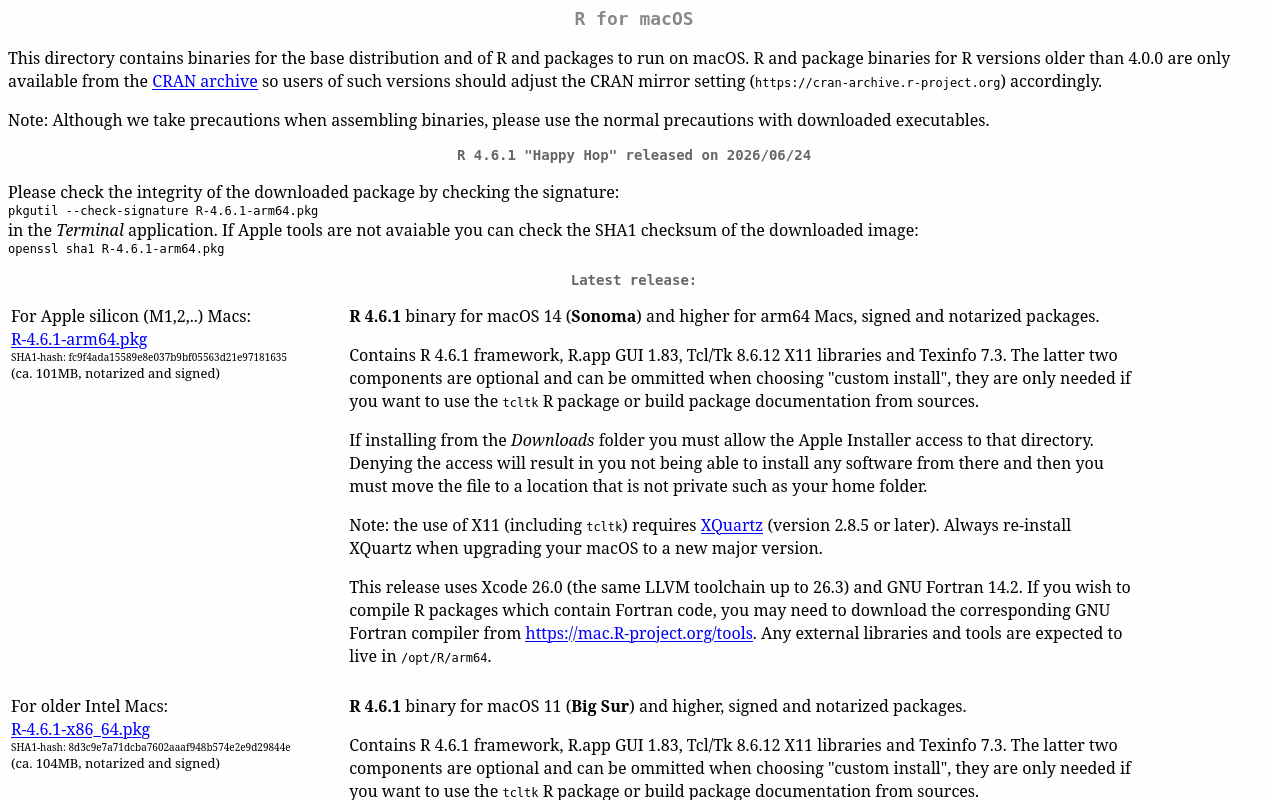 CRAN page for R on macOS listing the arm64 package for Apple silicon and the x86_64 package for Intel Macs