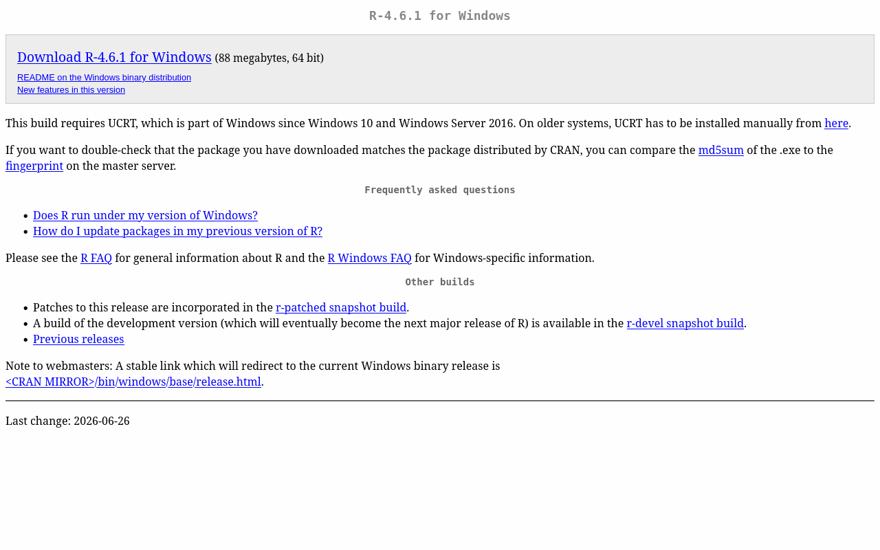 CRAN page for R on Windows with the Download R-4.6.1 for Windows link