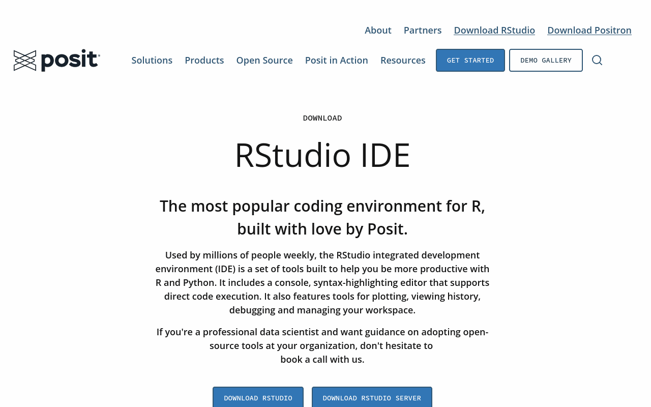 Posit RStudio IDE download page with Download RStudio and Download RStudio Server buttons