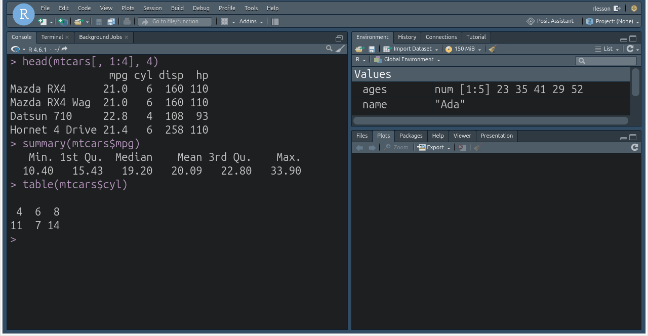 RStudio console showing head of mtcars, summary of mpg and a table of cylinder counts