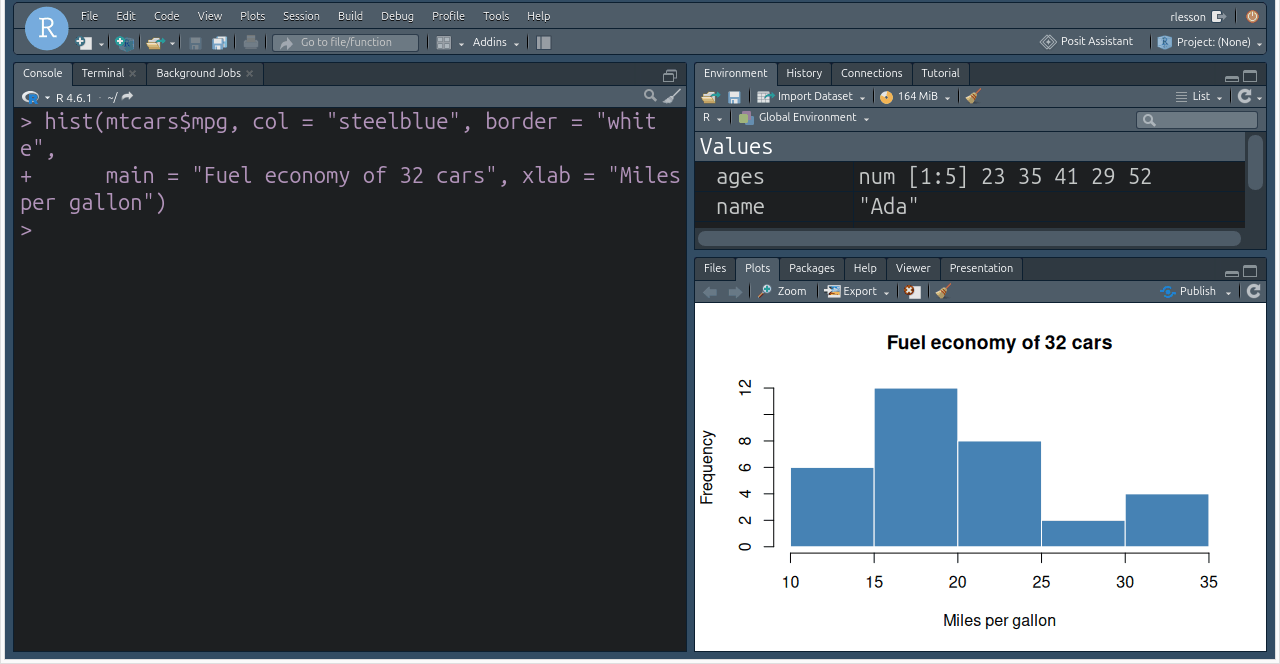 RStudio with a blue histogram of miles per gallon shown in the Plots pane