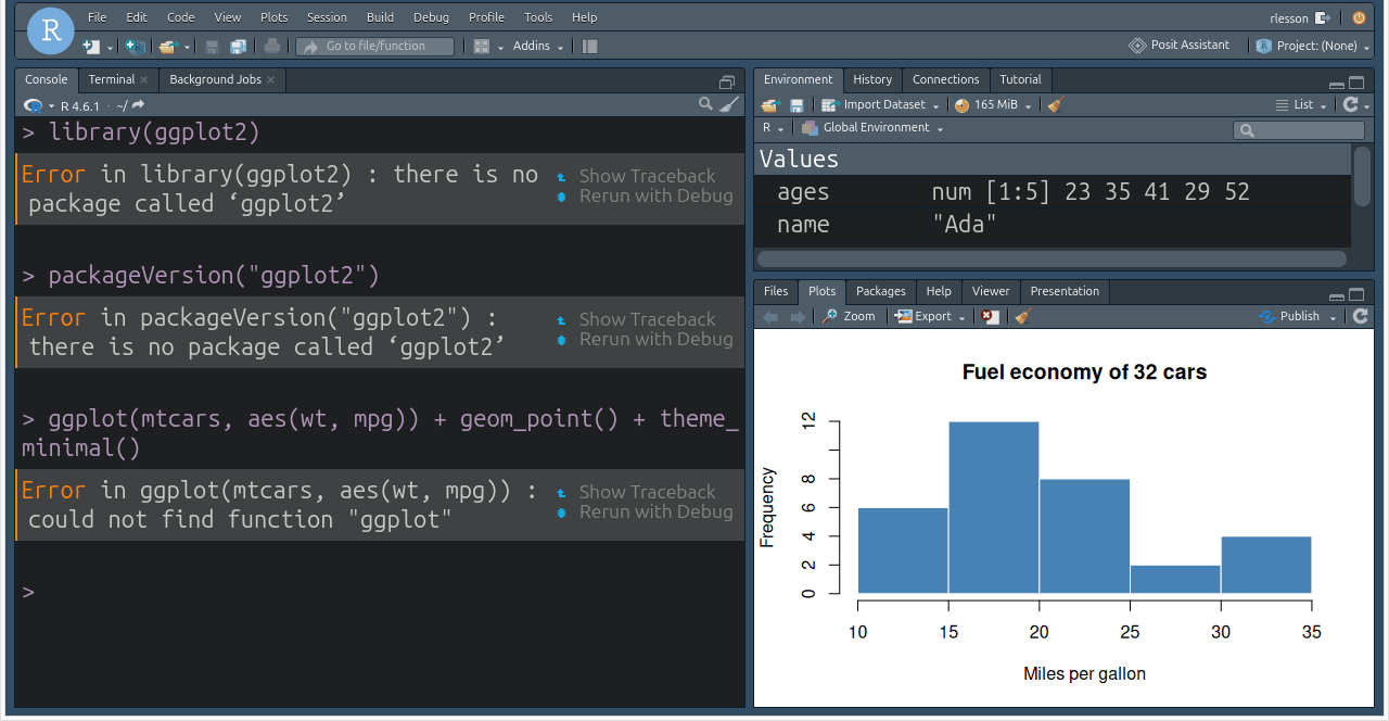 RStudio console showing Error in library(ggplot2): there is no package called 'ggplot2'