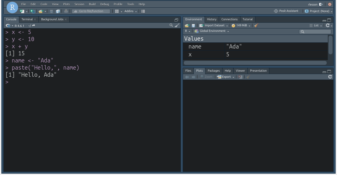 RStudio console creating variables x, y and name, with the Environment pane listing them