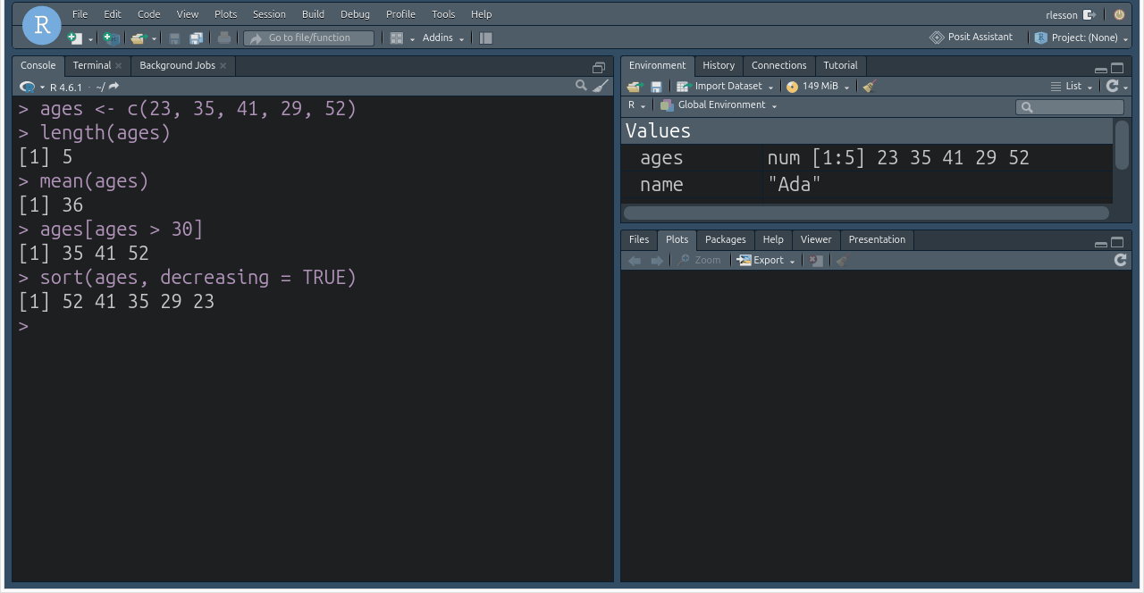 RStudio console with a numeric vector ages, showing length, mean, logical subsetting and sorting
